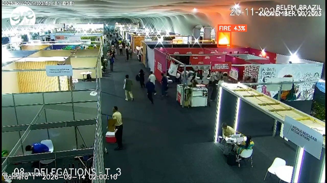 Exhibition hall with a fire growing behind booths