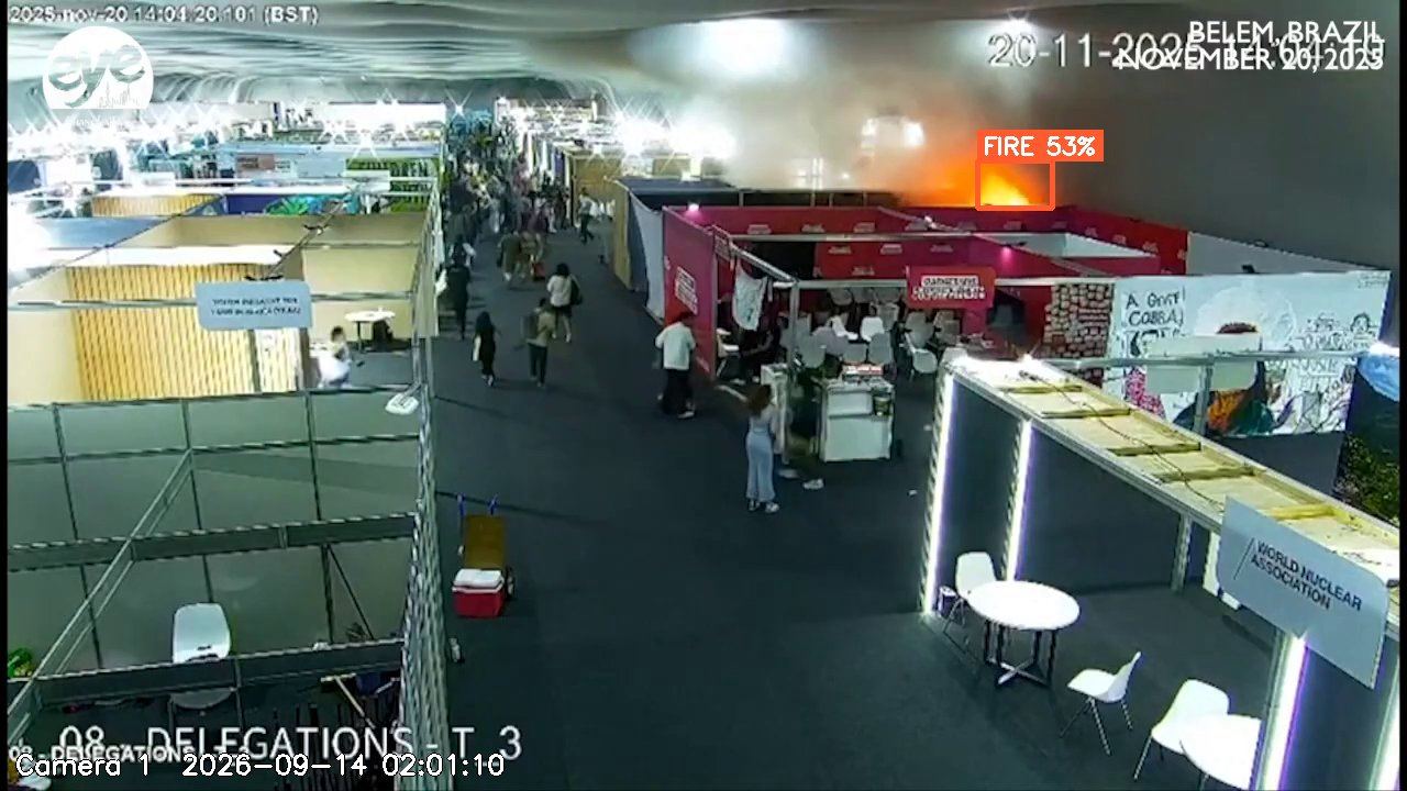 Exhibition hall with smoke spreading from a fire