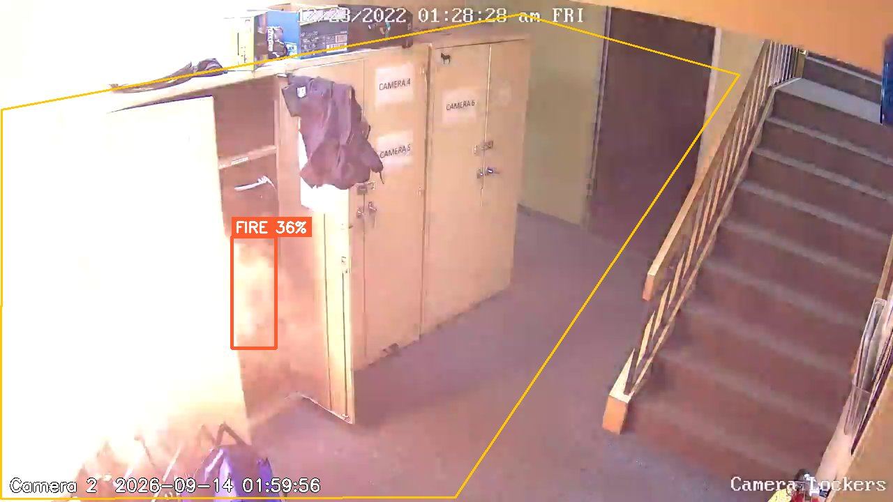 Locker room with flames next to a cabinet