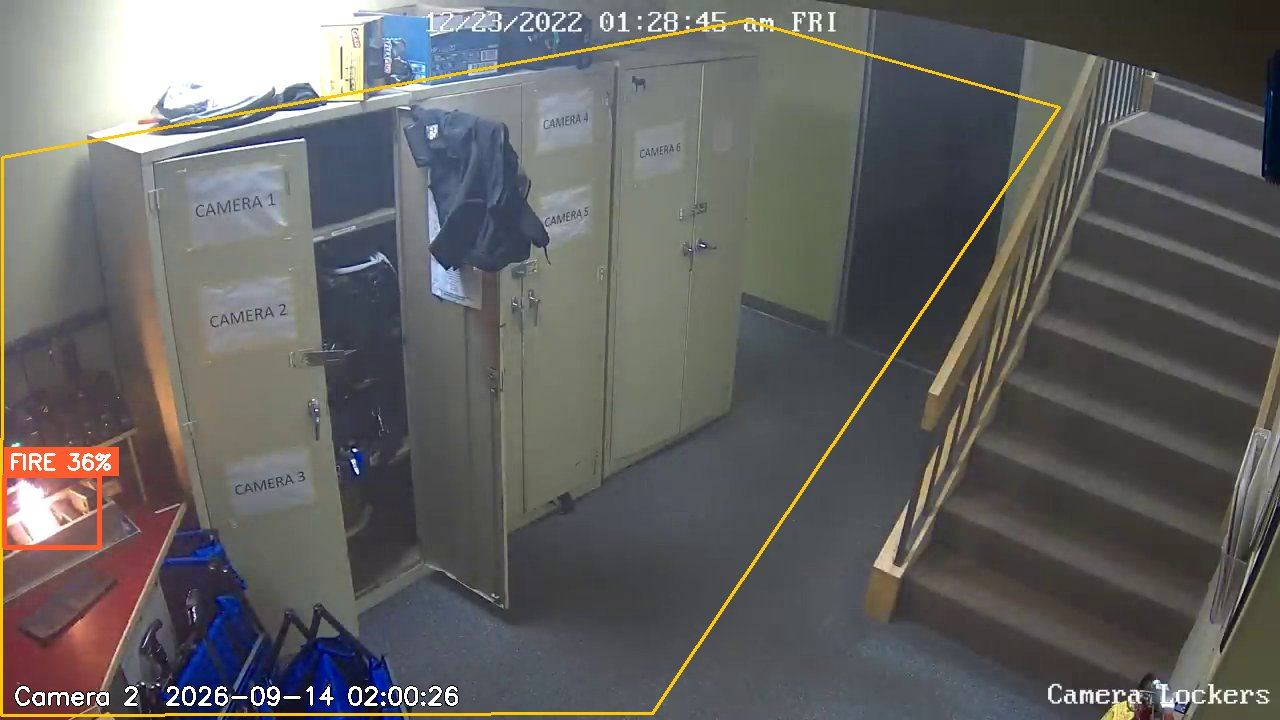 Locker room with the yellow detection zone outline and a fire box